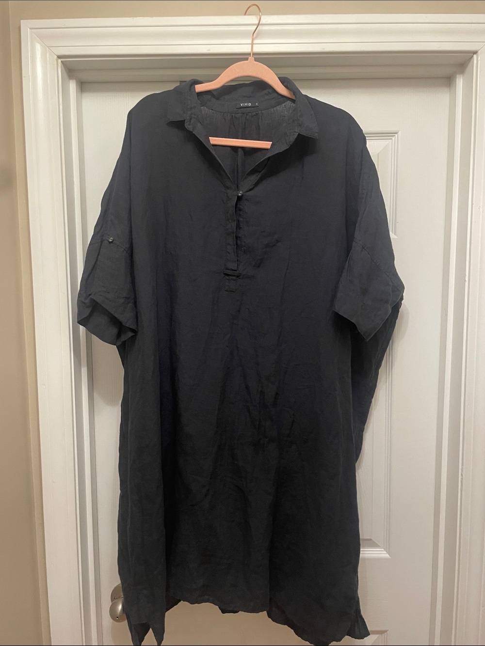 Vivid 100% linen black A-line shirt dress plus-size resort wear summer